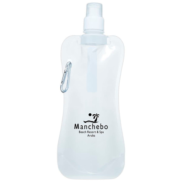 A drink bottle in clear plastic with a spray nozzle and a carabiner clip features branding on the side.