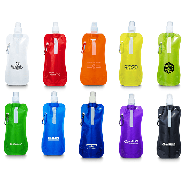 A collection of colourful water pouches in various shades, including red, yellow, green, and black, each with a logo.