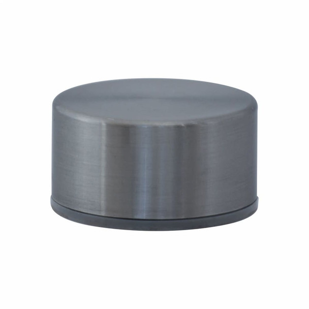A drink bottle lid in a metallic finish, featuring a smooth surface and a circular shape.
