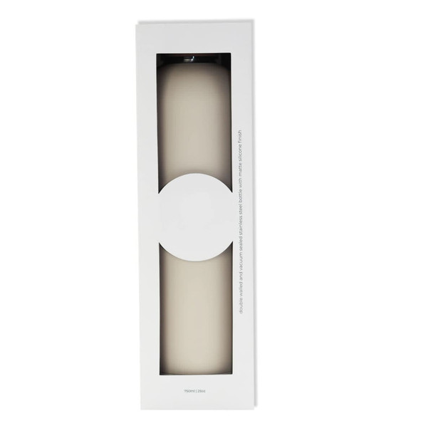 A drink bottle with a sleek design in a light colour, displayed in a minimalist white packaging with a logo.