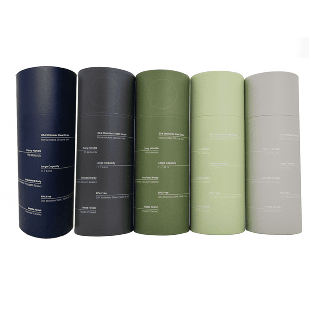 A drink bottle collection featuring navy, dark grey, olive green, light green, and grey colours, each with a logo.