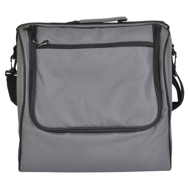 A grey picnic basket with a front zip pocket and an adjustable shoulder strap. It has a logo on the side.