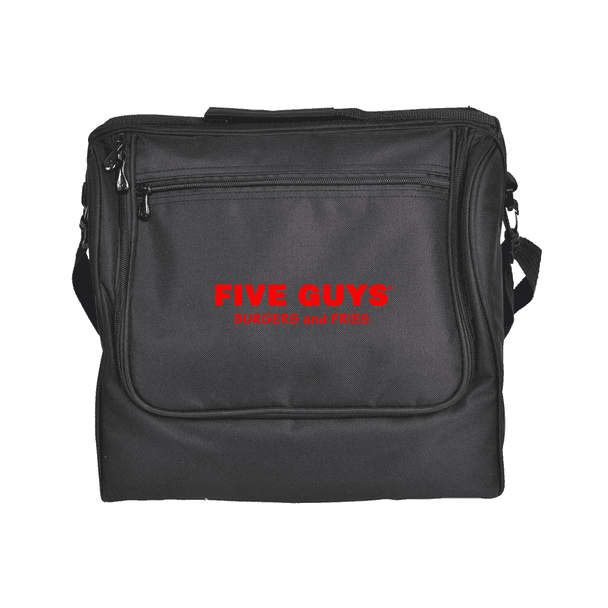 A black picnic basket with a shoulder strap, featuring a red logo and zippered compartments.