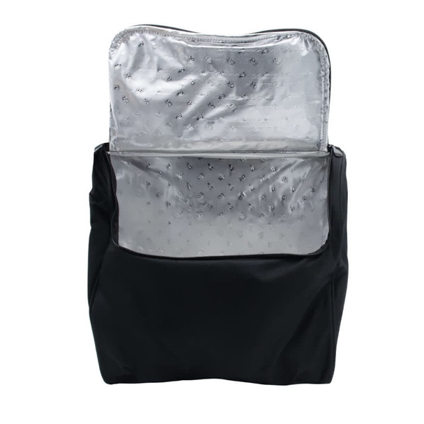 A black picnic basket with a silver insulated lining, featuring a pocket at the back. Includes a logo.
