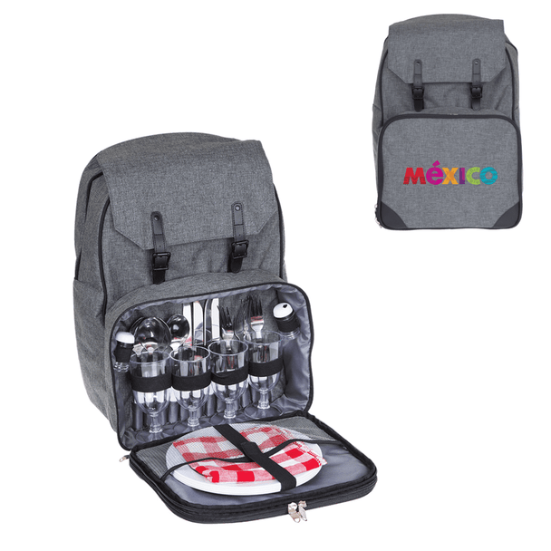 A grey backpack with compartments for drink bottles, cutlery, plates, and a checkered picnic blanket. Includes a logo.