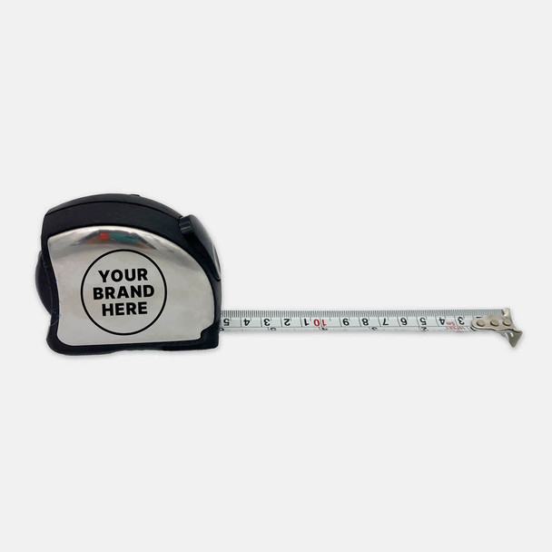 A silver and black professional tape measure with a branding logo, extended to show measuring tape.