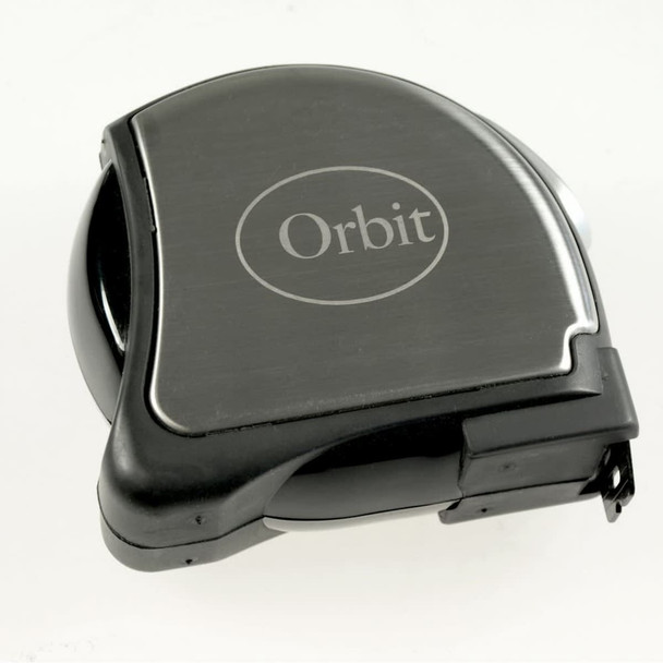 A black tape measure with a metallic finish and a logo on top. It has a compact design for easy handling.