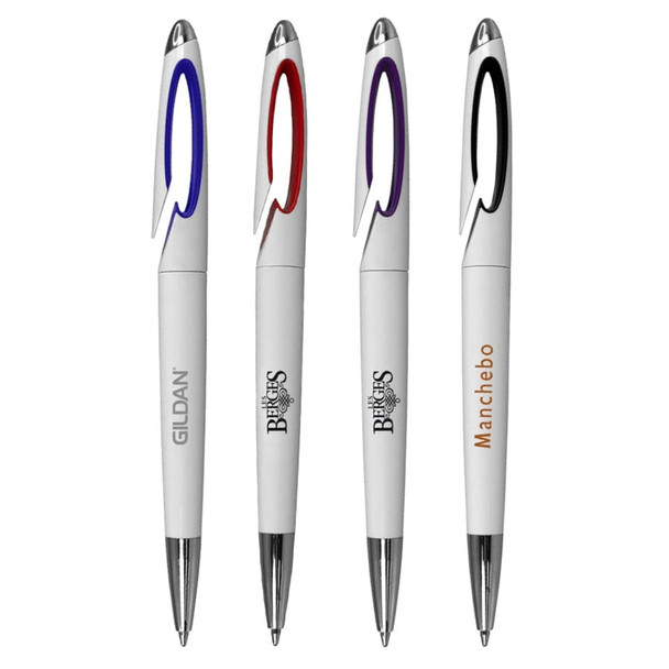 Four plastic pens in white with coloured accents in red, purple, and black. Each pen has a logo on it.