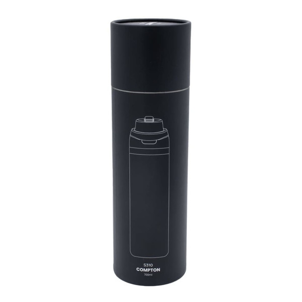 A drink bottle in matte black featuring a design outline and a screw-top lid. It has a logo on the bottle.