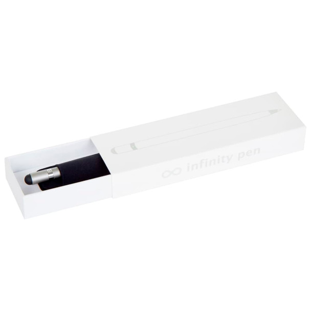 A sleek silver metal pen inside a white packaging box, featuring a logo and a soft black interior.