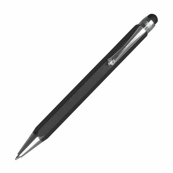 A stylus pen in black with a metallic tip and clip, featuring a logo.
