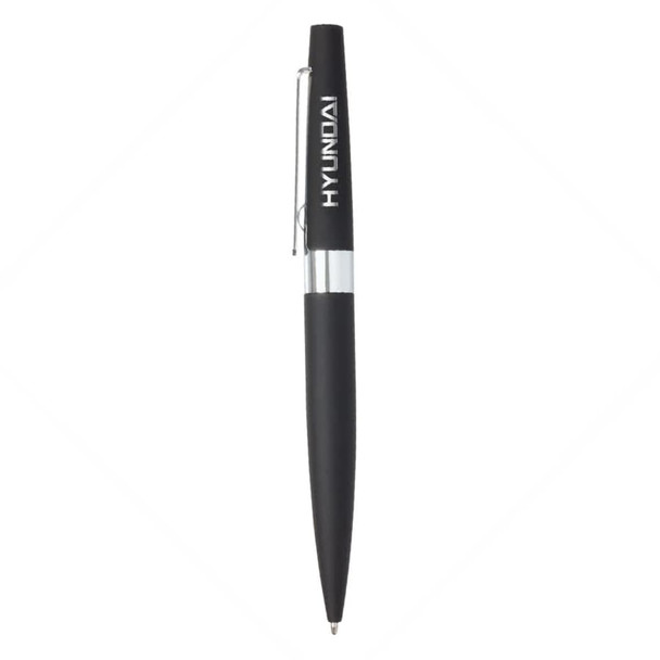 A metal pen in black with a silver clip and a logo on the body.