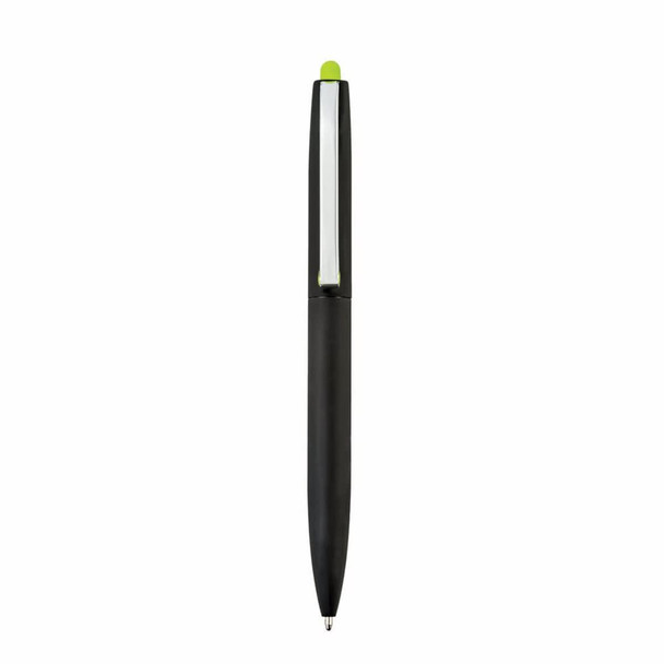 A black pen with a green top, featuring a sleek design and a branding logo on the side.