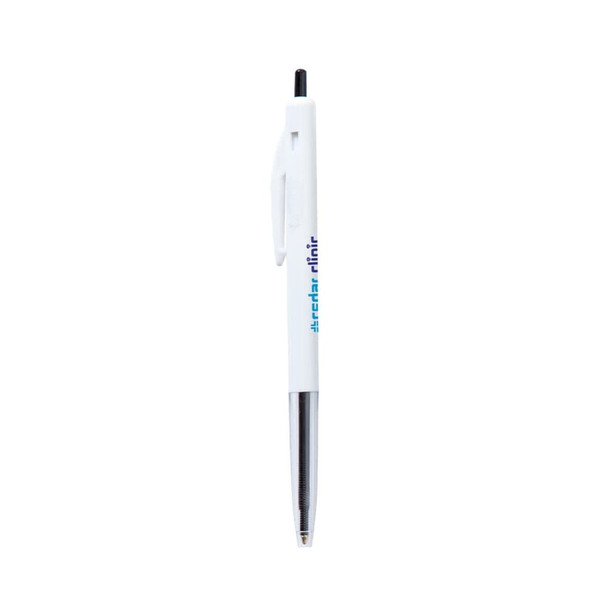 A white plastic pen with a black ink cartridge and a clip, featuring a logo on the side.