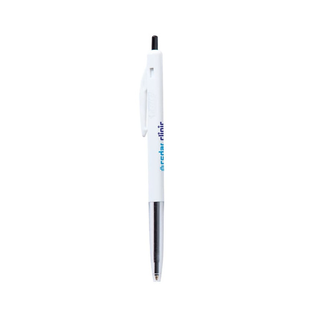 A white plastic pen with a black tip and a branding logo on the barrel.