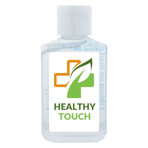 A clear 60ml bottle of hand sanitiser gel, containing 75% ethyl-alcohol, with a logo on the front.