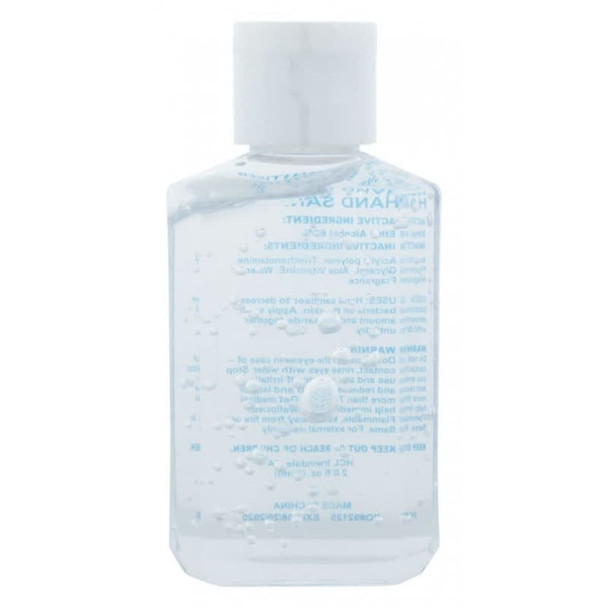 A clear 60ml hand sanitiser gel bottle containing 75% ethyl-alcohol, featuring a white flip-top lid and a logo.