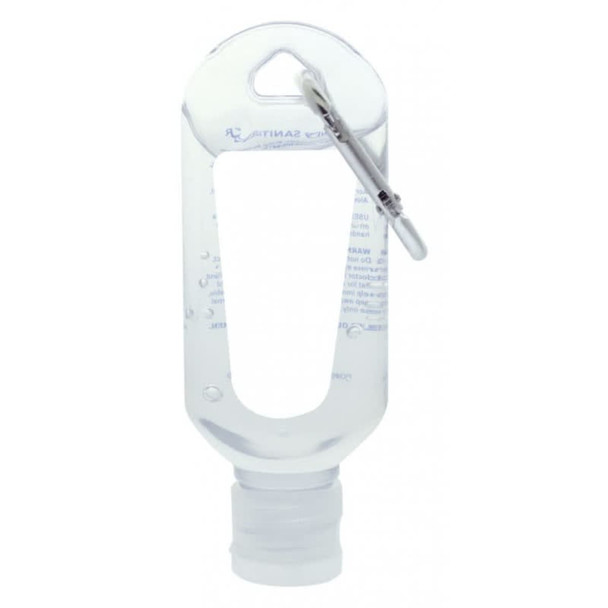 A clear 60mL hand sanitiser bottle with a carabiner attached, featuring a textured grip and a small opening at the bottom.
