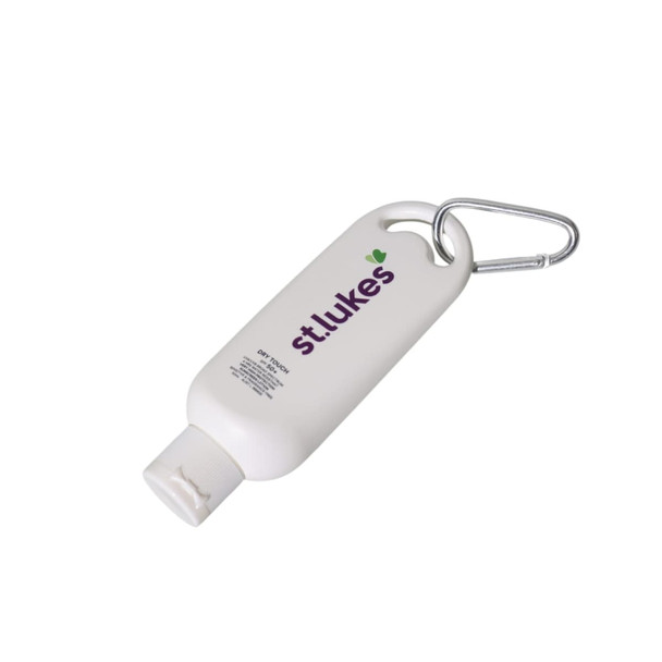 A white 50mL sunscreen bottle with a carabiner attached, featuring a logo on the front.