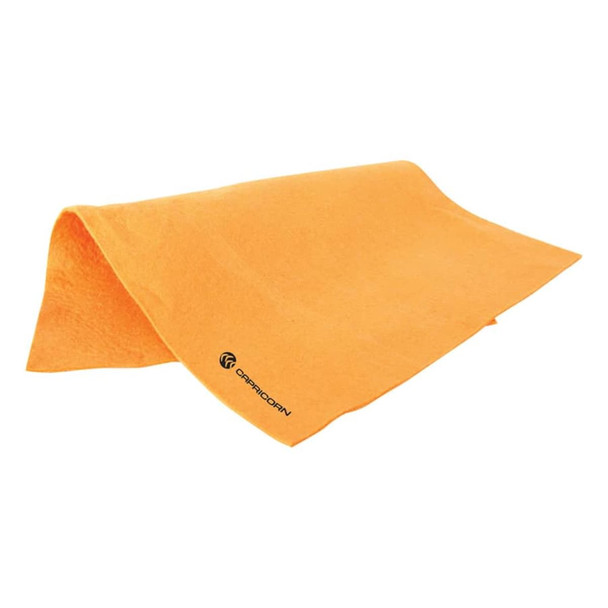 An orange large chamois towel with a logo on one side, featuring a soft, absorbent texture.