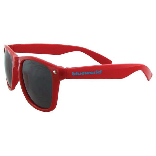 Red sunglasses with dark lenses, featuring a blue logo on the side. Suitable for leisure and outdoor activities.