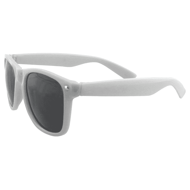 White sunglasses with dark lenses, featuring a classic frame design and logo detailing on the side.
