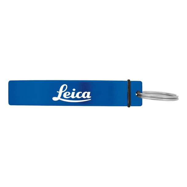 A drink bottle opener in blue with a silver keyring and a branding logo.