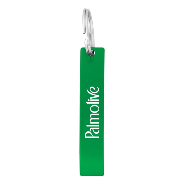A green bottle opener with a circular metal ring and a branded logo.