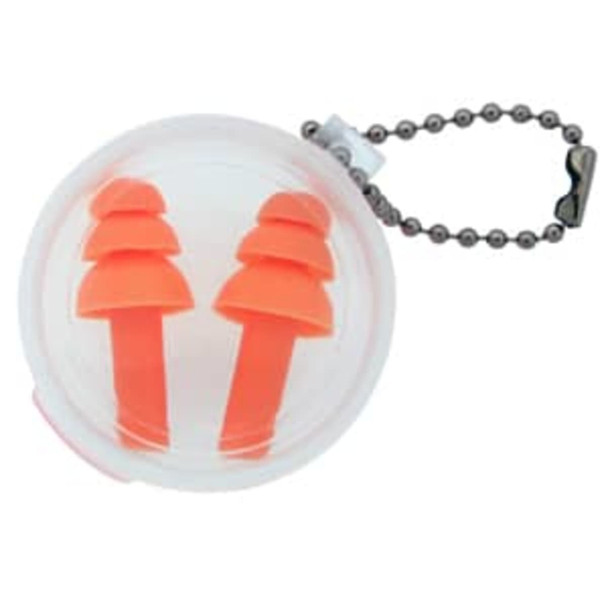 A silicone earplug keychain with bright orange earplugs inside a clear container. Features a metal chain.