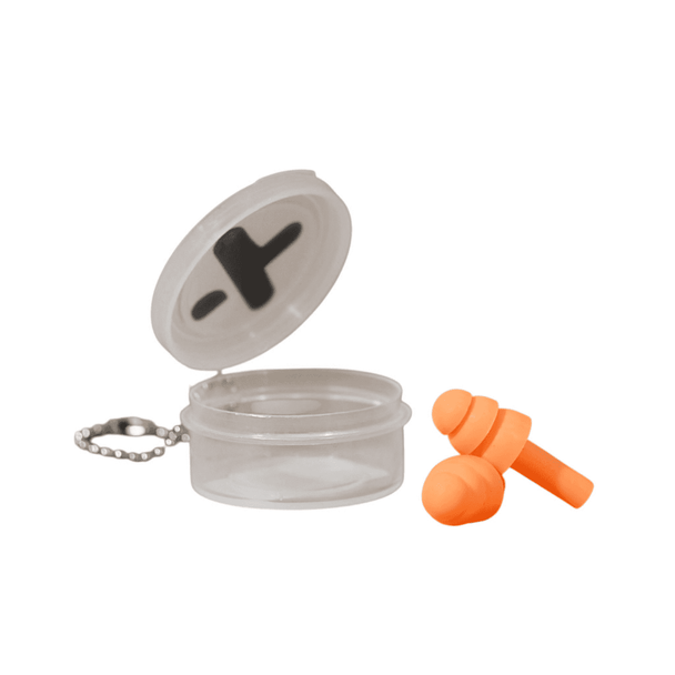 An orange silicone earplug set with a clear container and keychain attachment.