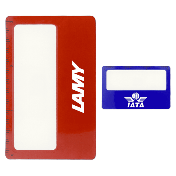 A red pocket ruler magnifier and a blue card, featuring rulers and logos, on a plain background.