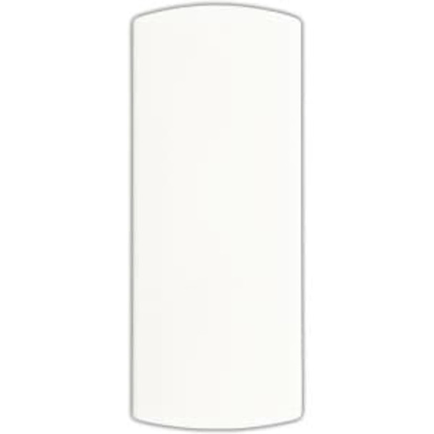 A white bandage dispenser with a curved top and a simple design. It features a branding logo.