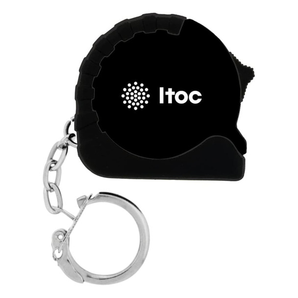 A black mini tape measure with a silver keychain attachment and a logo on the side.