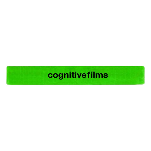 A reflective slap wristband in vibrant green featuring a logo or branding.
