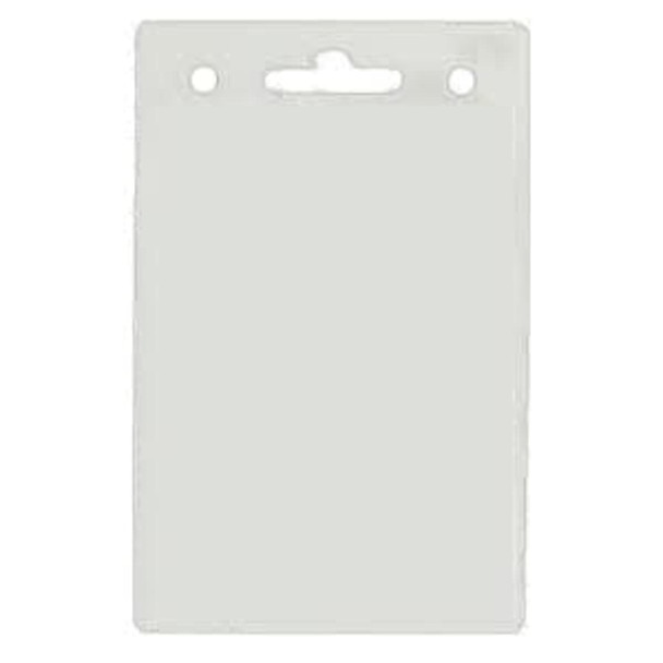 A clear plastic badge holder with two holes at the top for attaching a lanyard or clip.