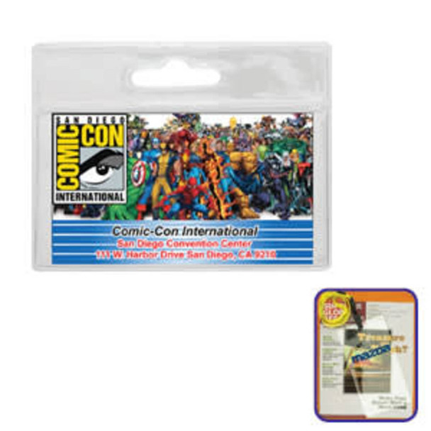 A clear plastic badge holder with a colourful design featuring various superhero characters, suitable for events or conventions.