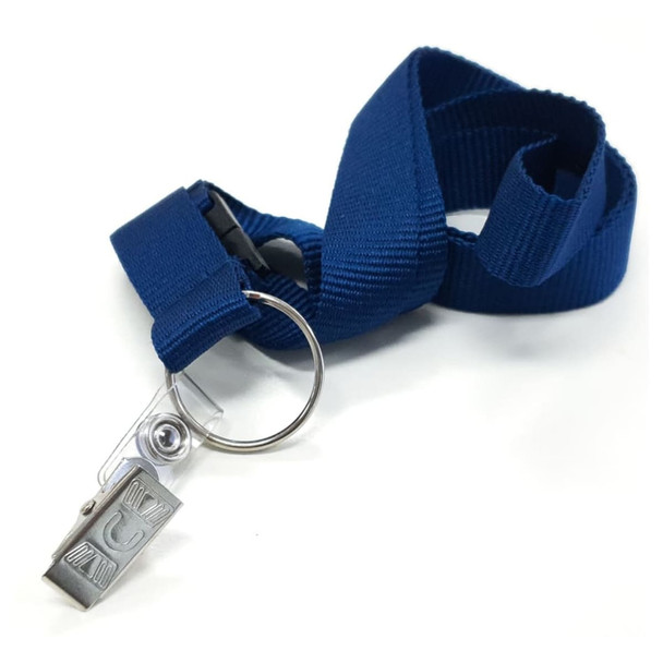 A navy blue custom lanyard with a metal clip and a ring attachment.