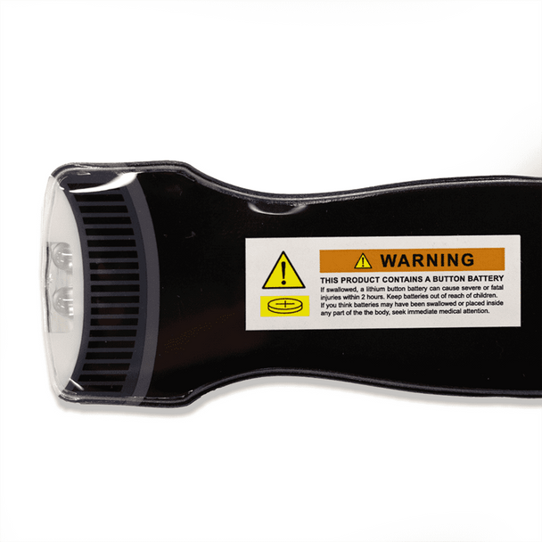 A black magnetic flashlight with two LED lights, featuring a warning label and a visible battery compartment.