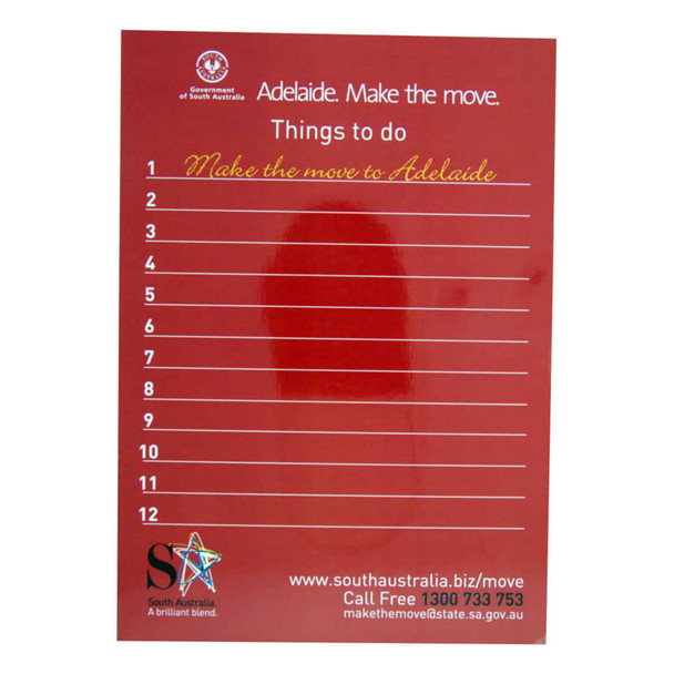 A red magnetic whiteboard featuring a list format with ten lines for notes and a logo at the bottom.
