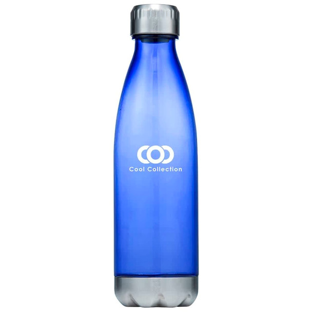 A drink bottle in blue with a metallic silver base, featuring a logo on the front.