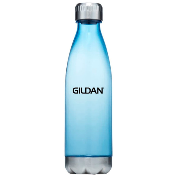 A drink bottle in blue plastic with a silver lid and a logo on the front. Suitable for holding 700ml of liquid.