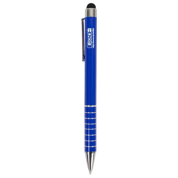 A blue stylus pen with a silver grip and a branding logo on the barrel.