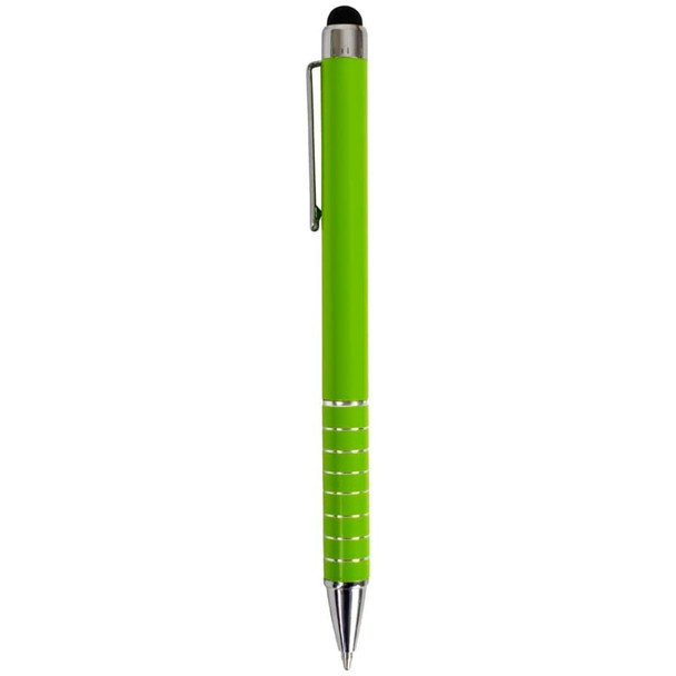 A green Malibu stylus pen featuring a sleek design and a silver clip with a logo.
