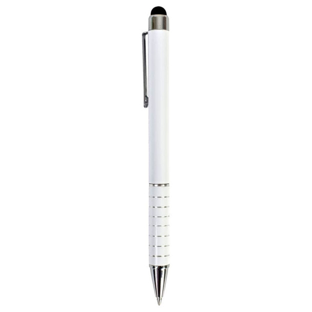 A white stylus pen with a chrome clip and grip detailing, featuring a logo on the body.