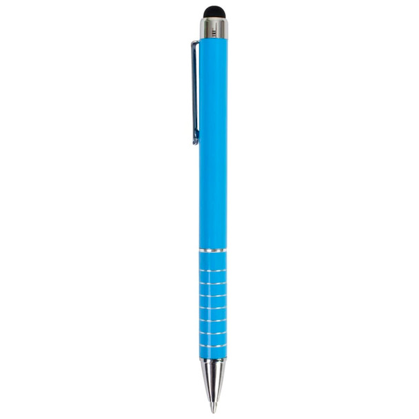 A blue stylus pen with a shiny silver trim and a black tip for touchscreen devices. The pen features a logo.