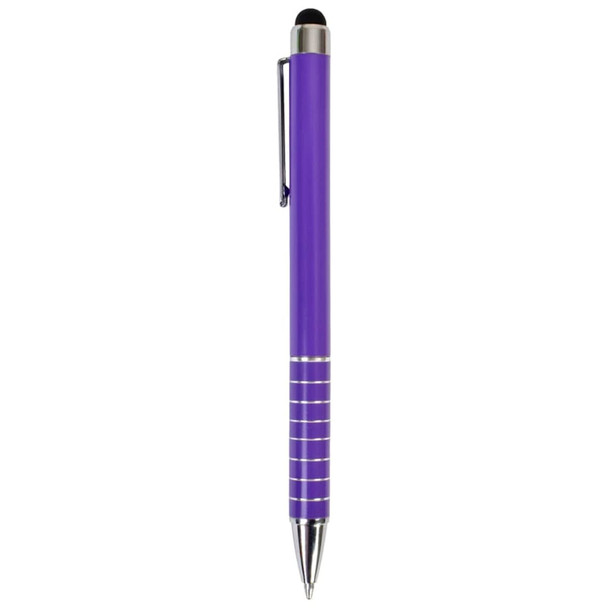 A purple stylus pen with a metallic clip and silver accents. It features a rubber tip for touchscreen use.