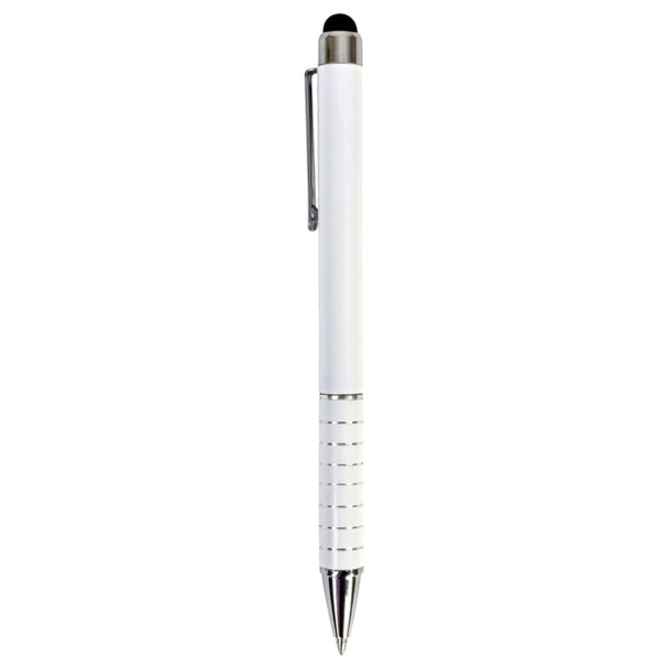 A white stylus pen with a silver clip and tip, featuring a textured grip and a branding logo.