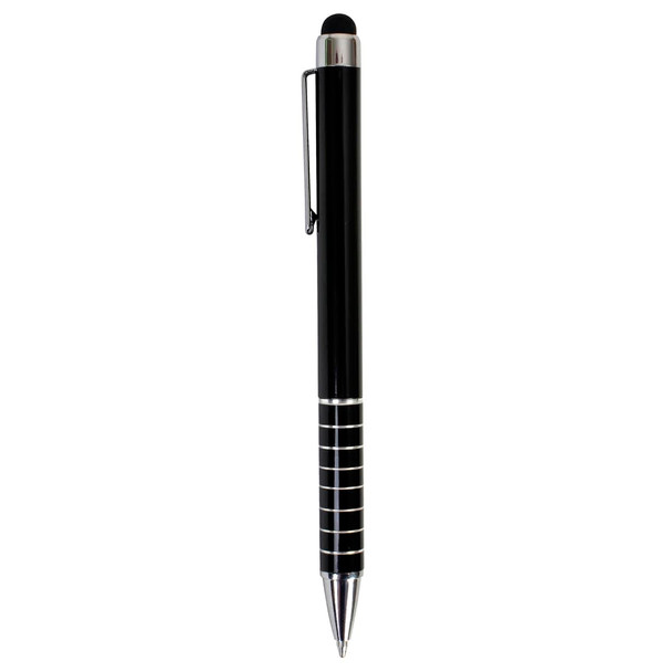 A sleek black stylus pen with silver detailing and a clip. Features a rubber tip for touchscreen use.