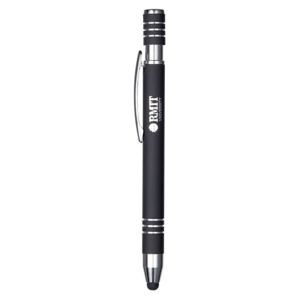 A metal pen in black with silver accents and a clip, featuring a logo on the barrel.