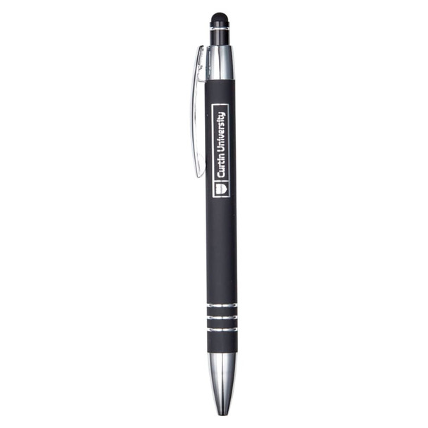 A metal pen in black with silver accents and a branded logo. Features a stylus tip on the end.